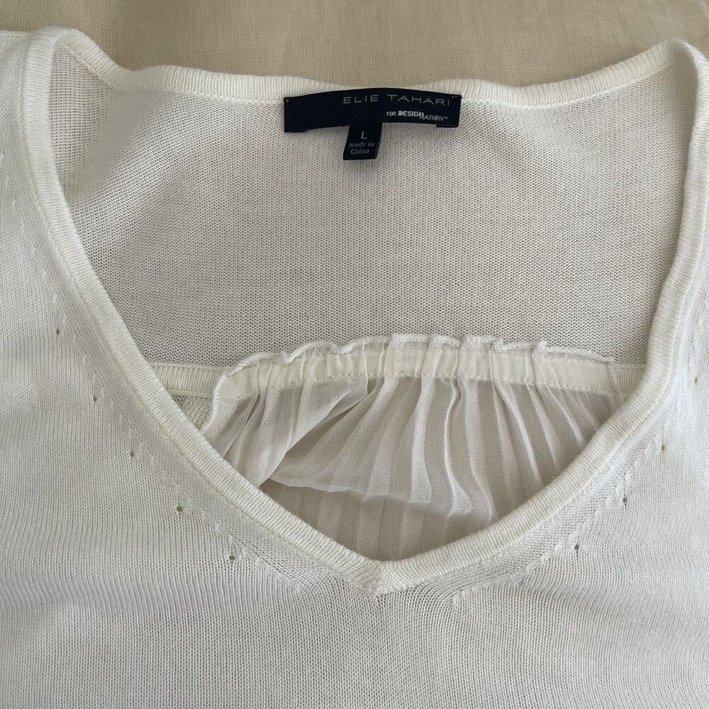 Elie Tahari cream V Neck Knit Hi Low sweater Tunic Sheer pleated back L - Picture 6 of 10